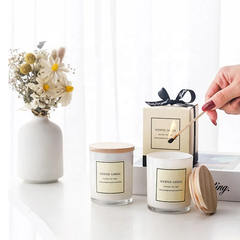 Custom packaging white  glass cup scented candle with wood lid  for body works aromatherapy