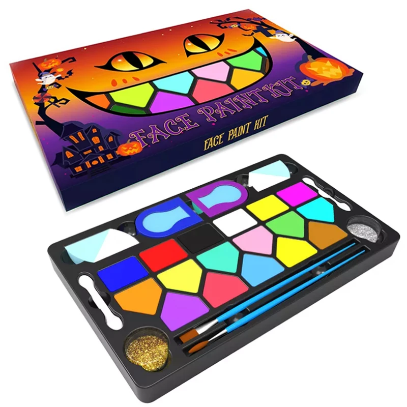 Safe non-toxic body art water activated  make up children clown colors stencils tools kit for kids glitter face painting