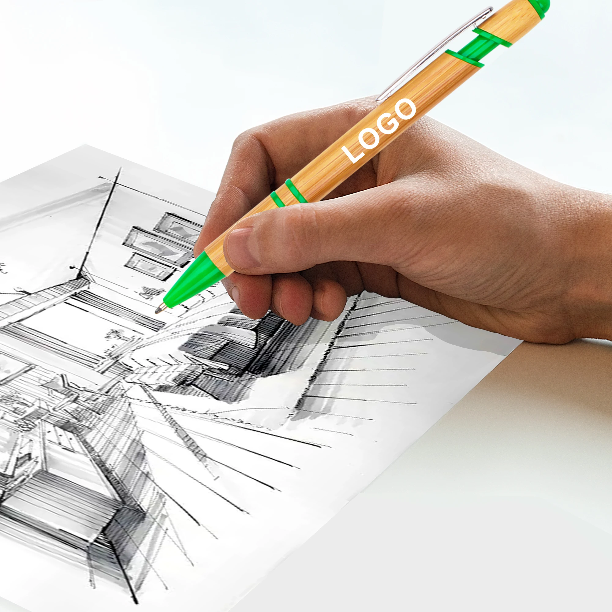 Custom Logo Printed Laser Recycled Bamboo Ballpoint Pen Promotional Stick Manufacturer For Stationery Gift