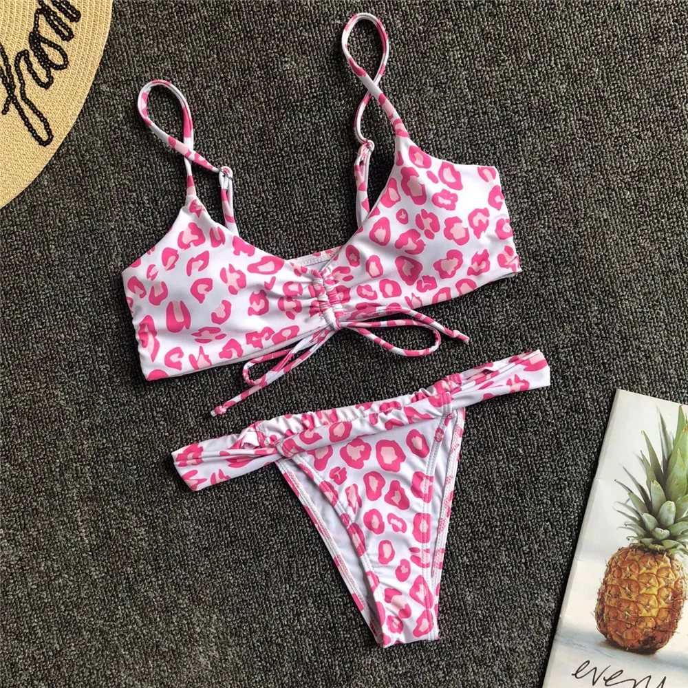 2019 Wholesale Sweet Sexy Tiny Bikini Beachwear Leopard  Printed Bikini Set  Tie Front Women Swimwear Two-pieces Bikini Set