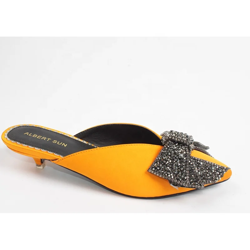 Ladies girls low heel satin party wedding fancy cushion diamante pointed mules slides shoes