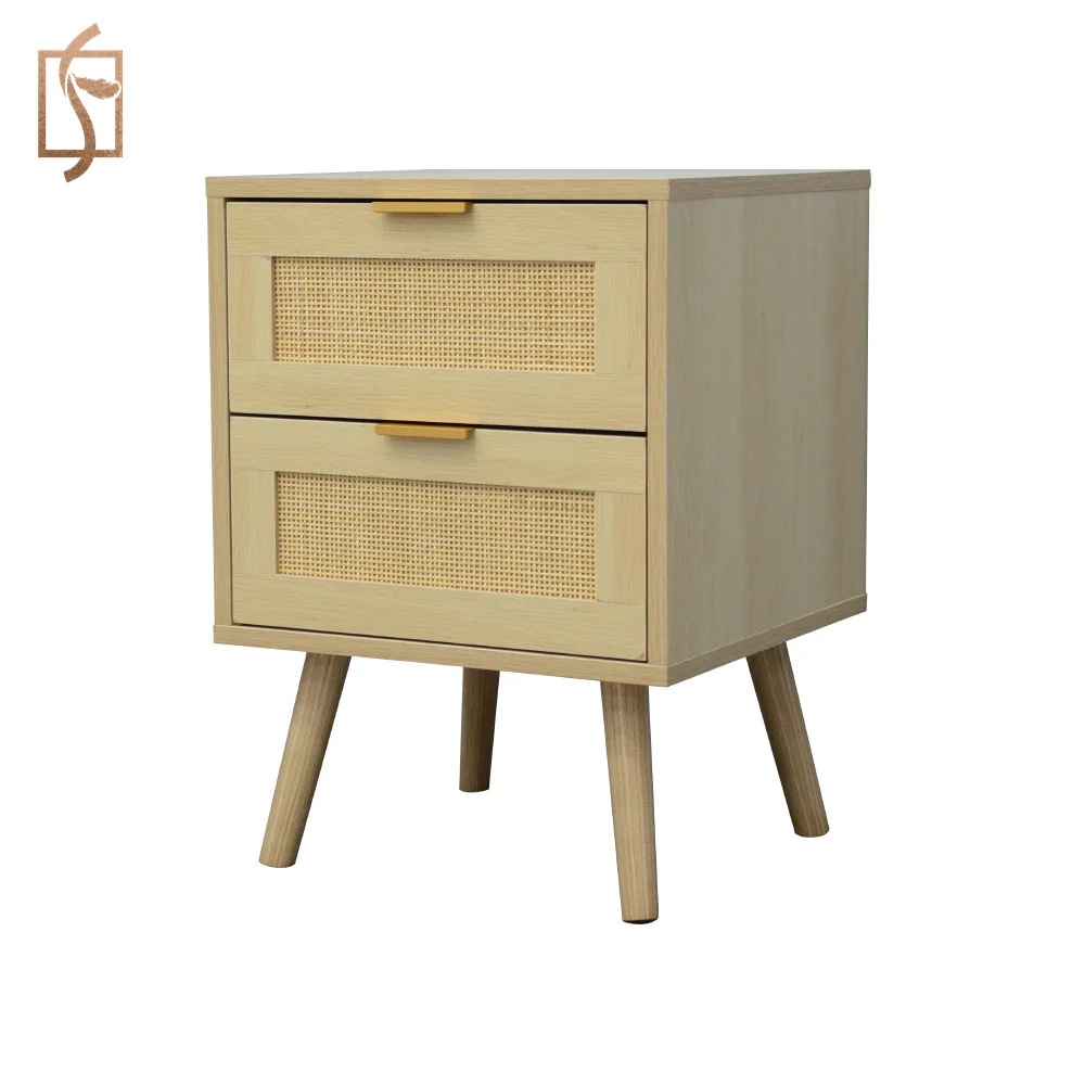 Living Room Rattan Furniture Mid-century Oak Finished Rattan Accent Wooden Side Table with Two Drawer Pull Out