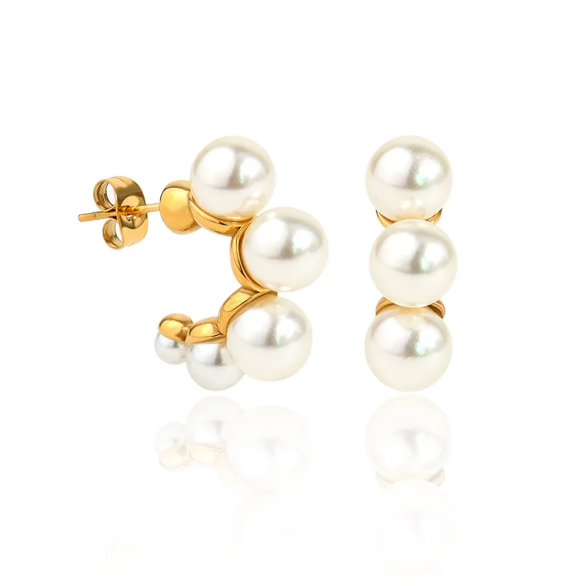 Trendy Wholesale C-shaped Big Pearl 18K Gold Plated Stainless Steel Chic Simple Earrings Jewelry