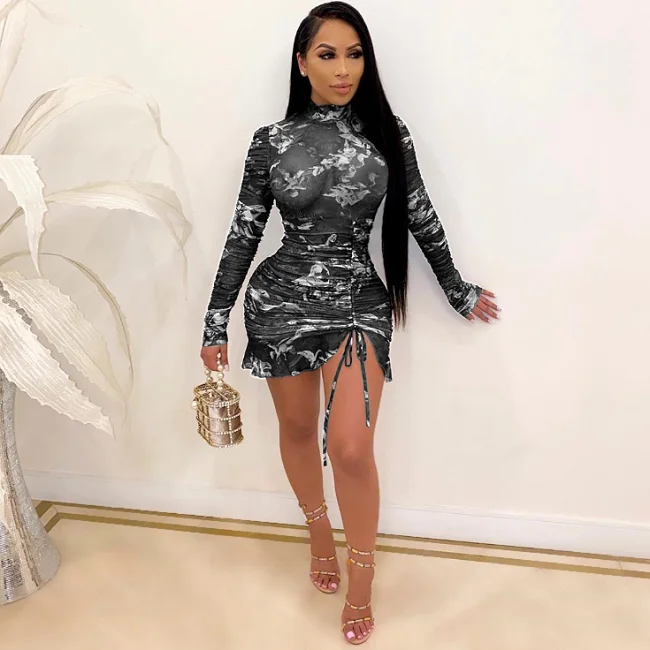 Модная 2021 повседневная одежда с длинным рукавом и принтом для женщин и девочек, пикантная одежда, Бандажное женское элегантное платье