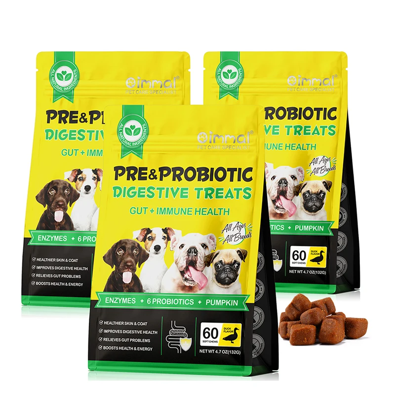 Private Label 60 Soft Chews Pet Care Gut Digestive Health Treats Nutritional Pre Probiotic Bites Supplements for Dogs