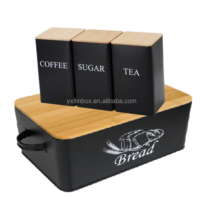 Kitchen Countertop Multifunction Food Storage Container white black Metal Bread Bin  round coffee sugar tea box with bamboo lid