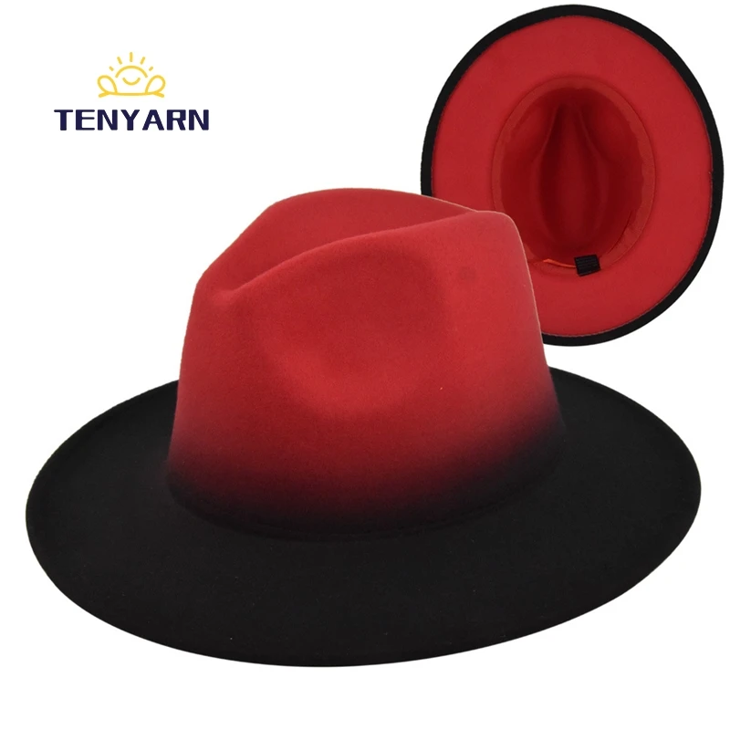 Tenyarn  60 Cm Unisex Print Ombre Wide Brim Fedora Hats Custom Women 100% Wool Mens Fedora Stylish Hats Wholesale