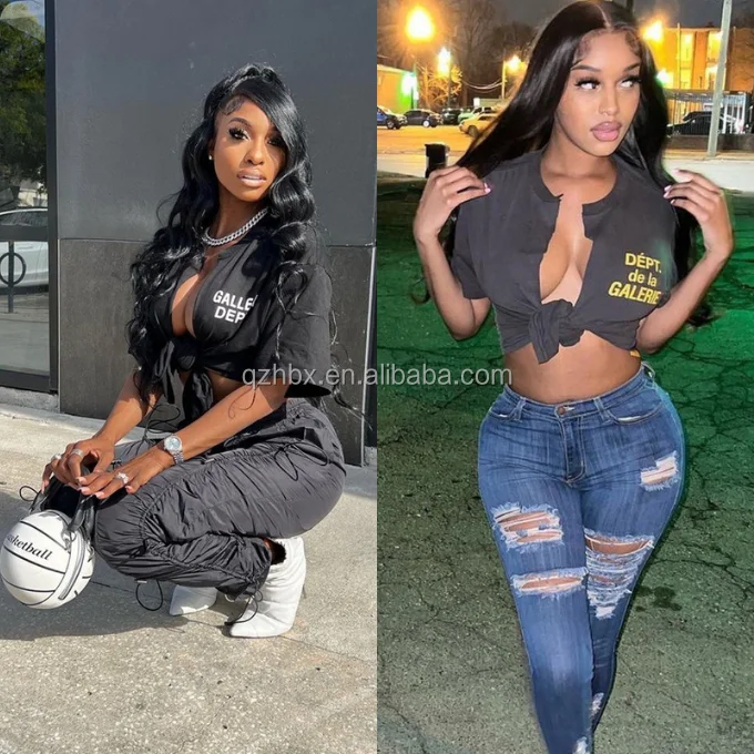 Summer Hot Tops Women Clothing Open Collar Front Split Lace Up Cardigan T-Shirt G.D. Letter Print Short Sleeve Crop Tees Tops