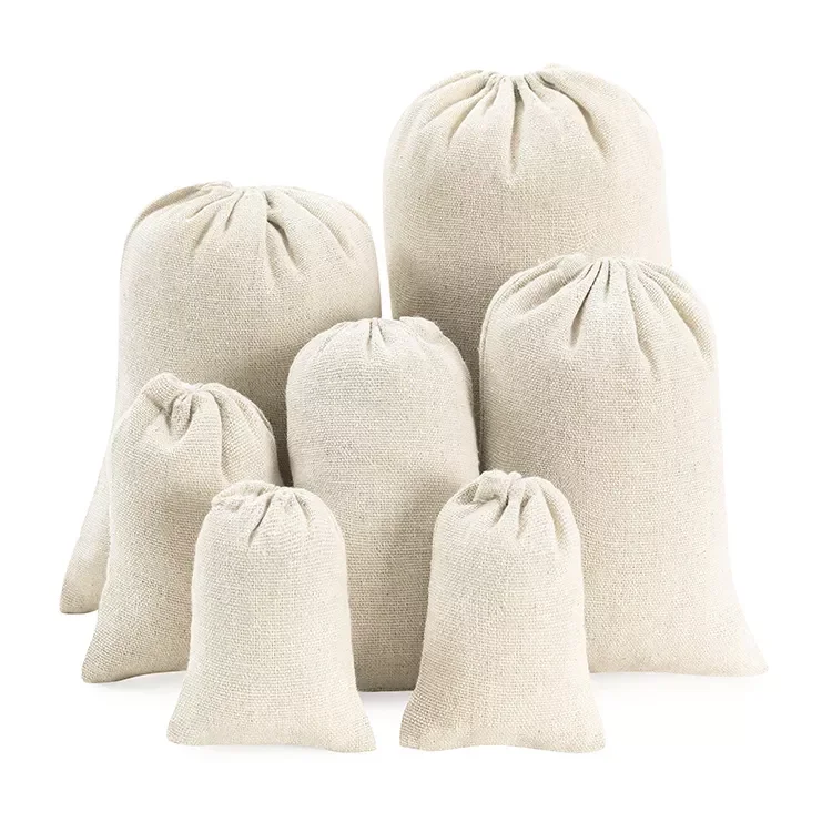 Custom eco friendly organic white cotton muslin linen drawstring bag for hats clothing handbag shoes packaging dust pouch
