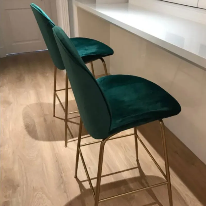 Fashion Metal Chair Barstool with 75cm Height Blue Velvet Upholstered Seat Gold Leg Bar Chairs