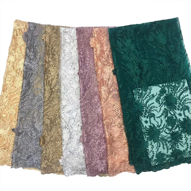 
2021 Beautiful Dubai 3D Embroidered Bridal Beaded Lace Fabric Swiss Voile Tulle Lace Fabric Beaded 
