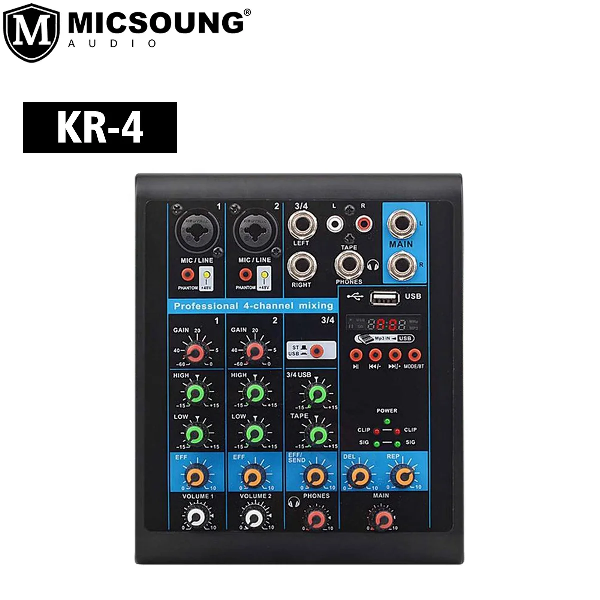 KR-4 Mini 4 Channels Audio Mixer USB Sound Card Mixing Console Wireless Bluetooth for Family Karaoke Music Creation Webcast