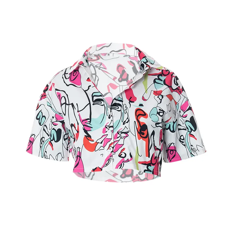 Womens Tops Streetwear Printed Turn Down Collar Crop Top Blouses  Fashion Women Clothing Short Sleeve Summer Tops