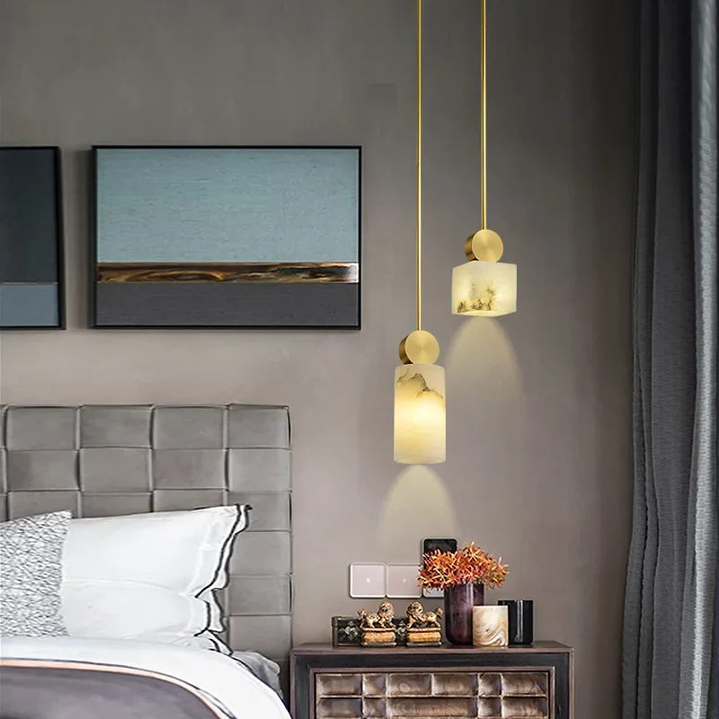 Golden Nordic Style Marble Led Chandelier Bedroom Bedside Single Head Creative Copper Light Luxury Restaurant Bar Hanging Lamp