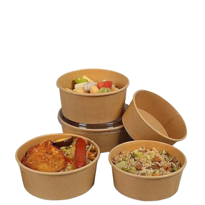 Printed paper lunch bowls disposable 1300ml soup bowls food kraft paper salad bowls with lid