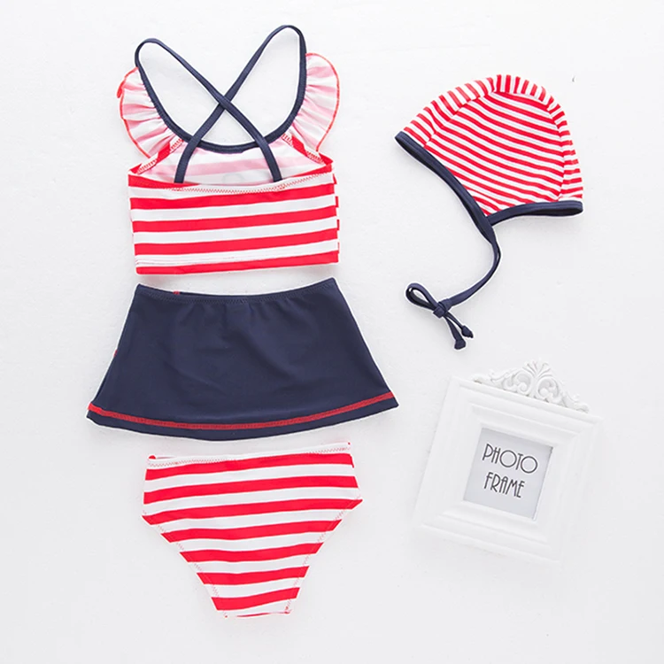 New Child Bathing Dress Costume Cute Navy Kids Striped Swimming Clothes Skirt Underwear Hat 4pcs Bikini For Baby Girl