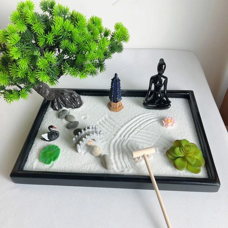 Zen Garden Kit Beautiful Japanese Decor Mini Rock Garden Gift Set for Home Office Desk Sand Tray Therapy Desktop Meditation Room