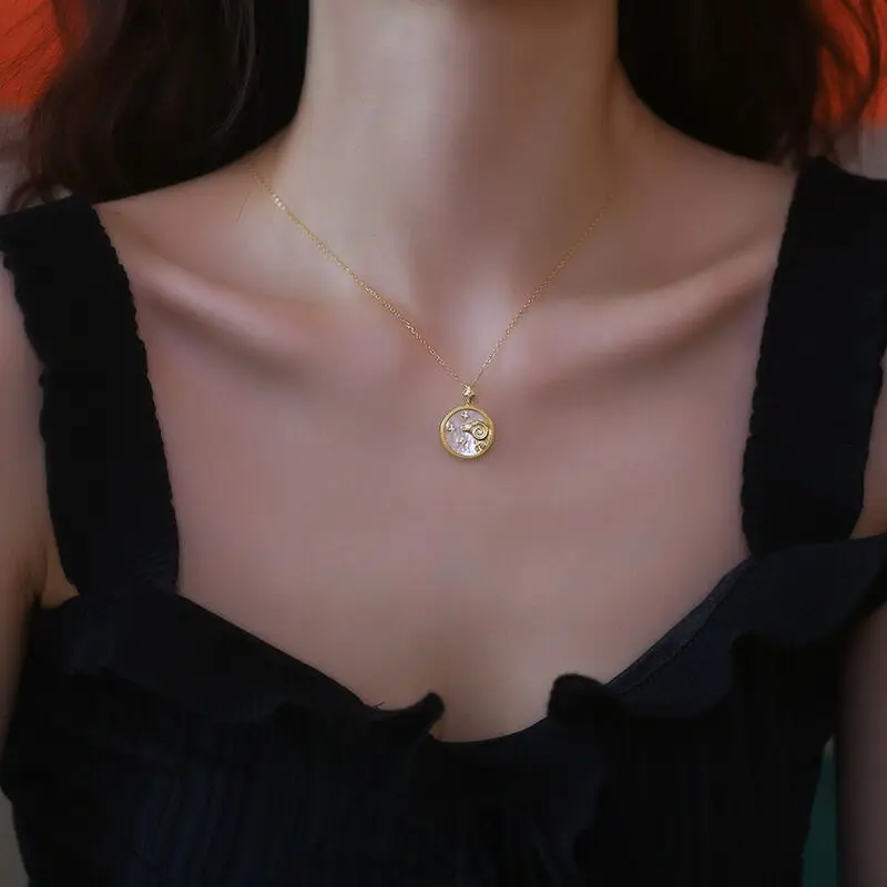 18K Gold Plated Coin Zodiac 12 Con-stellation Carved Logo Astrology Pendant Chain Personalized Simple Jewelry Necklace