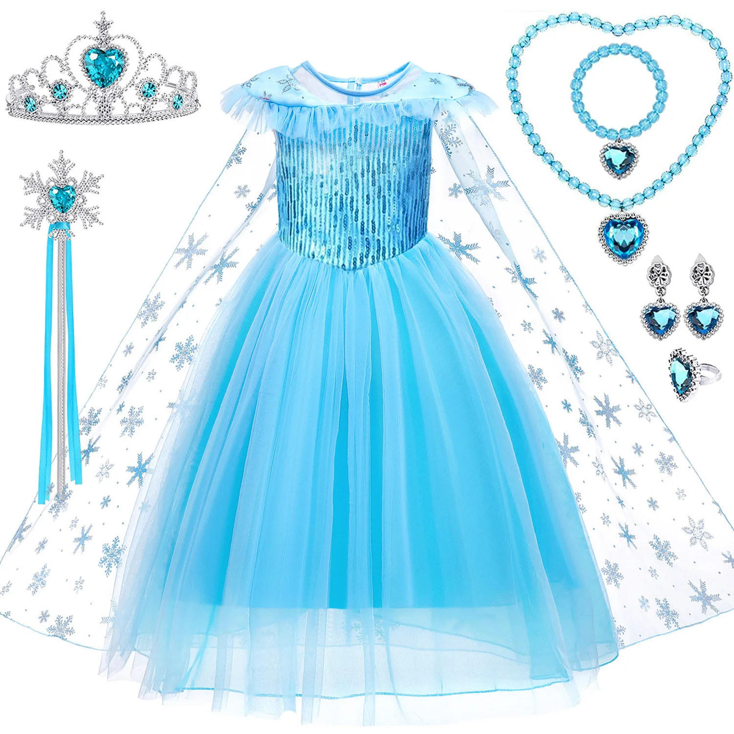 Girls Blue Birthday Party Dress up Outfits Gauze Halloween Carnival Ice Elsa Princess Dress Anime Costume