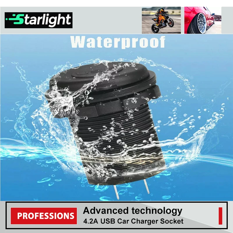 Fireproof Abs DC 12V 24V Car Charger Socket 4.2A Dual Usb Car Charger Adapter for Car Boat Marine Rv Motorcycle