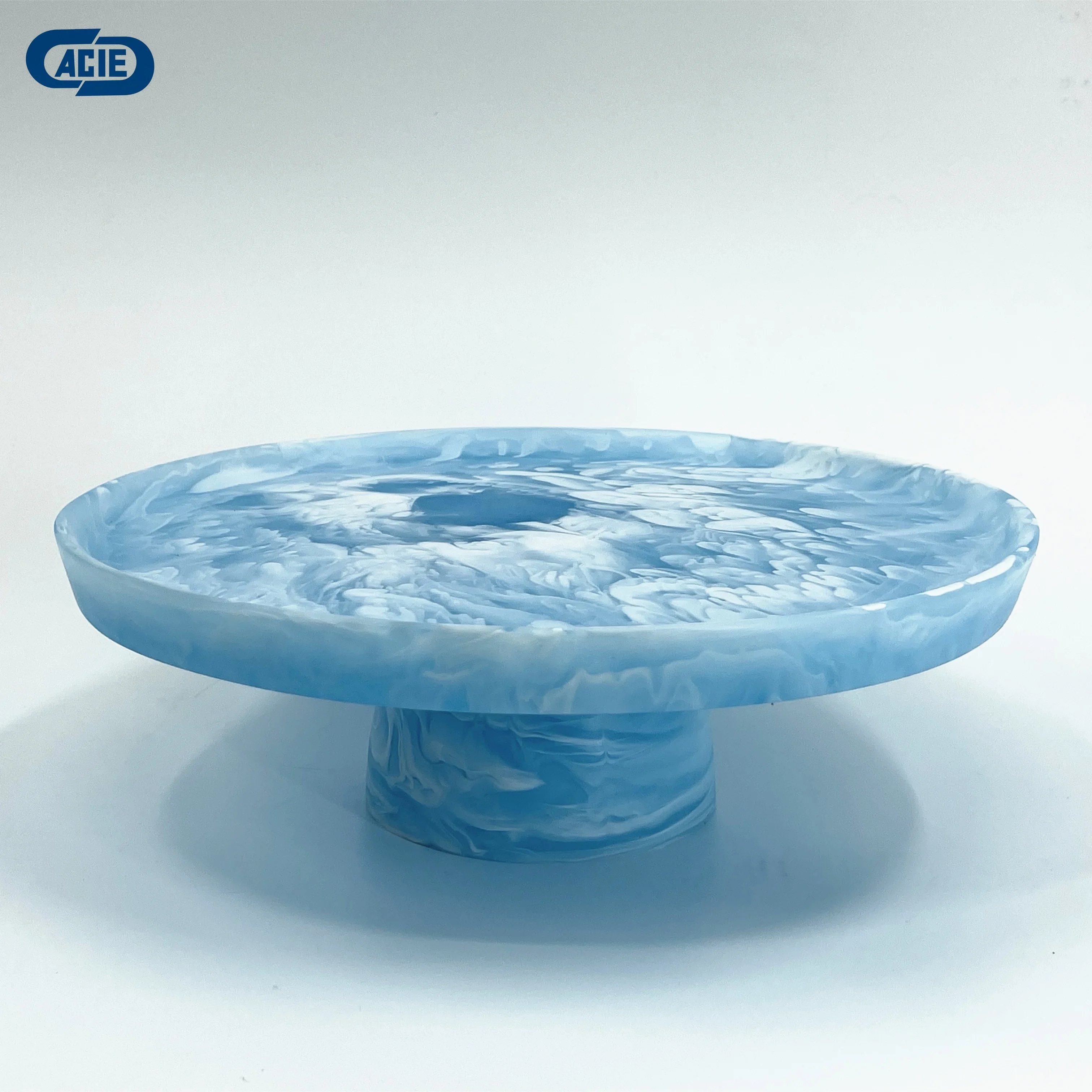 Quality acrylic resin handmade cake stand with marble texture and aqua swirl pattern used for bakery wedding home and party