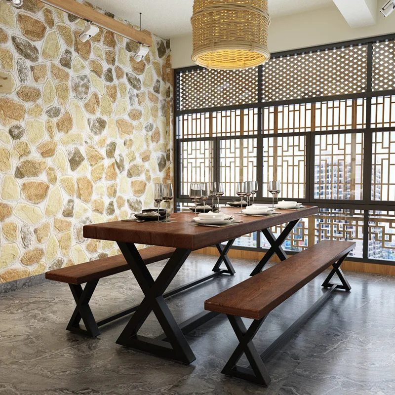 Iron solid wood dining table and chairs rectangular retro commercial light luxury milk tea shop card seat dining table