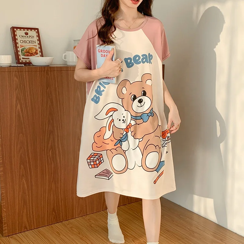Home Wear Short Sleeves Plus Size Silk Nightgowns Cute Cartoon Night Sleeping Dress For Women