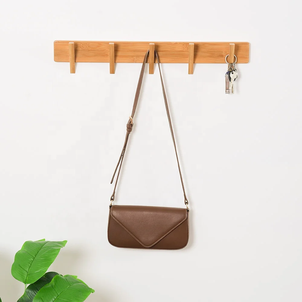 Modern Large Wood Wall Coat Rack with 5 Hooks Single-Tier Organization Kitchen Bathroom Clothing Hanger Bamboo Clothes Hanging