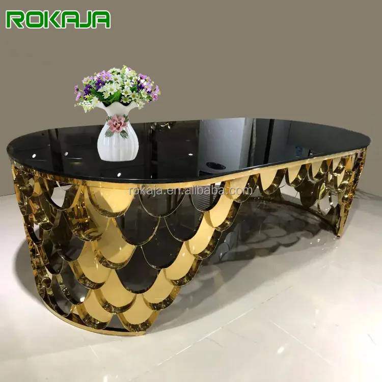Luxury Wedding Dining Table Set Hotel Event 8 10 People Oval Shape Fish Scales Gold Stainless Steel Manger Mirror Buffet Table