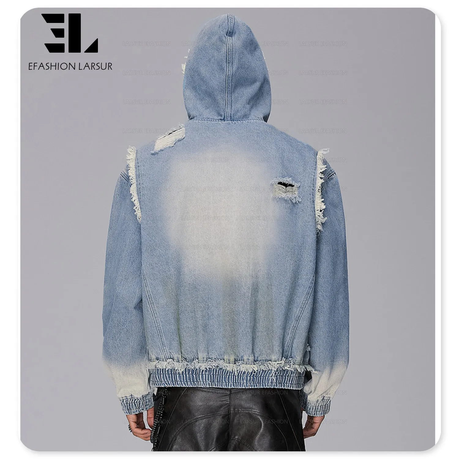 LARSUR Custom factory distressed wash zipper fly ripped denim jacket with hooded drop shoulder boxy  jeans denim hoodie for men