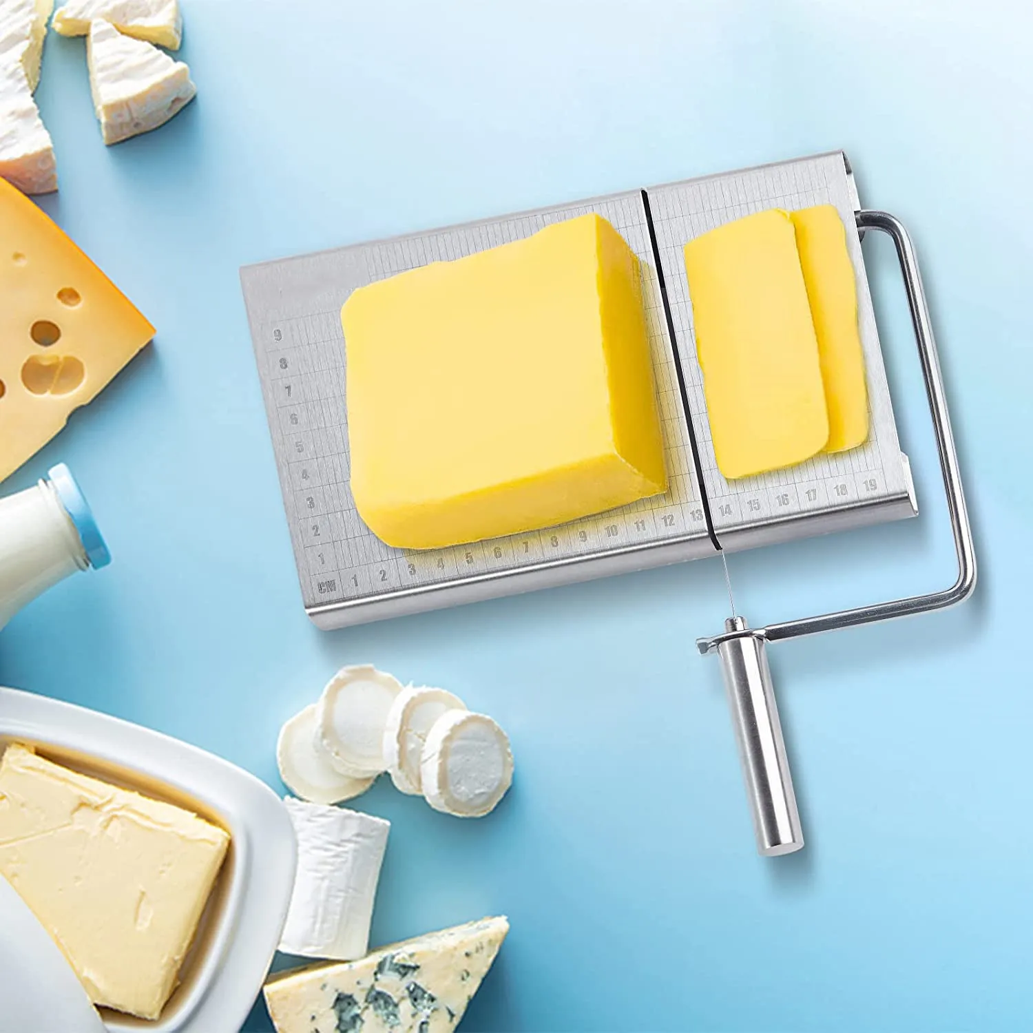 Stainless Steel Cheese Slicer Cutting Board with 5 Replacement Wires Cheese Cutter for Block Cheese