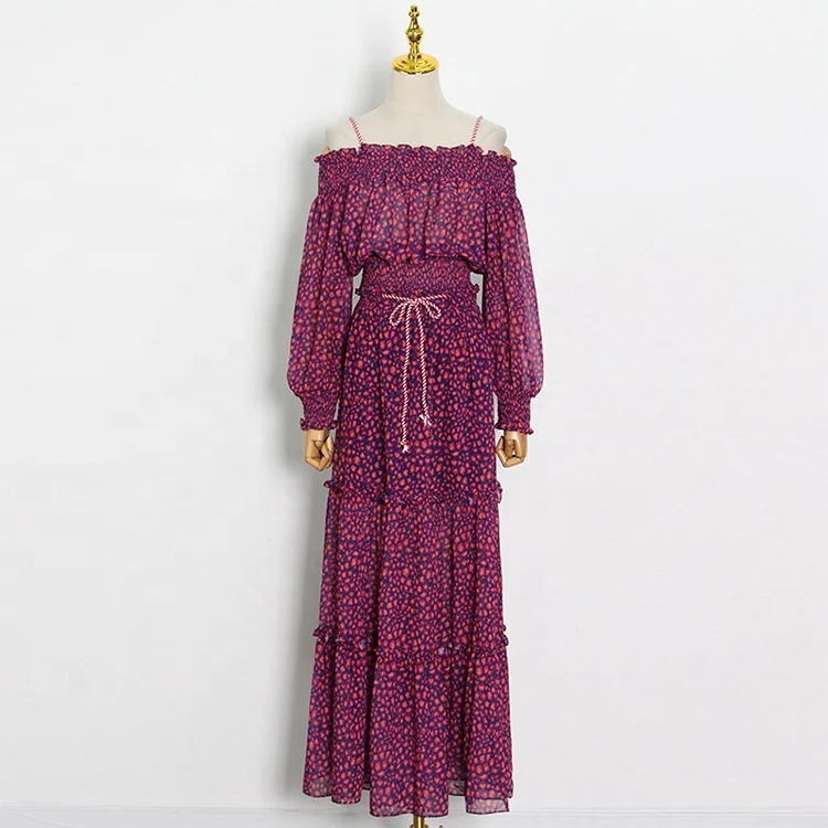 2022 Summer Korean Polka Dot Skirt Suit One-Shoulder Lantern Sleeve Chiffon Shirt and High Waist Long Swing Dress