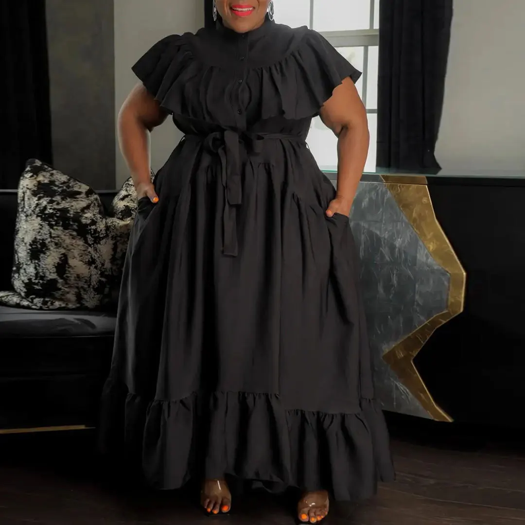 Plus Size Dress Sexy Buttons Sash Ruffles Short Sleeves Solid Women Casual Dresses A Line Party