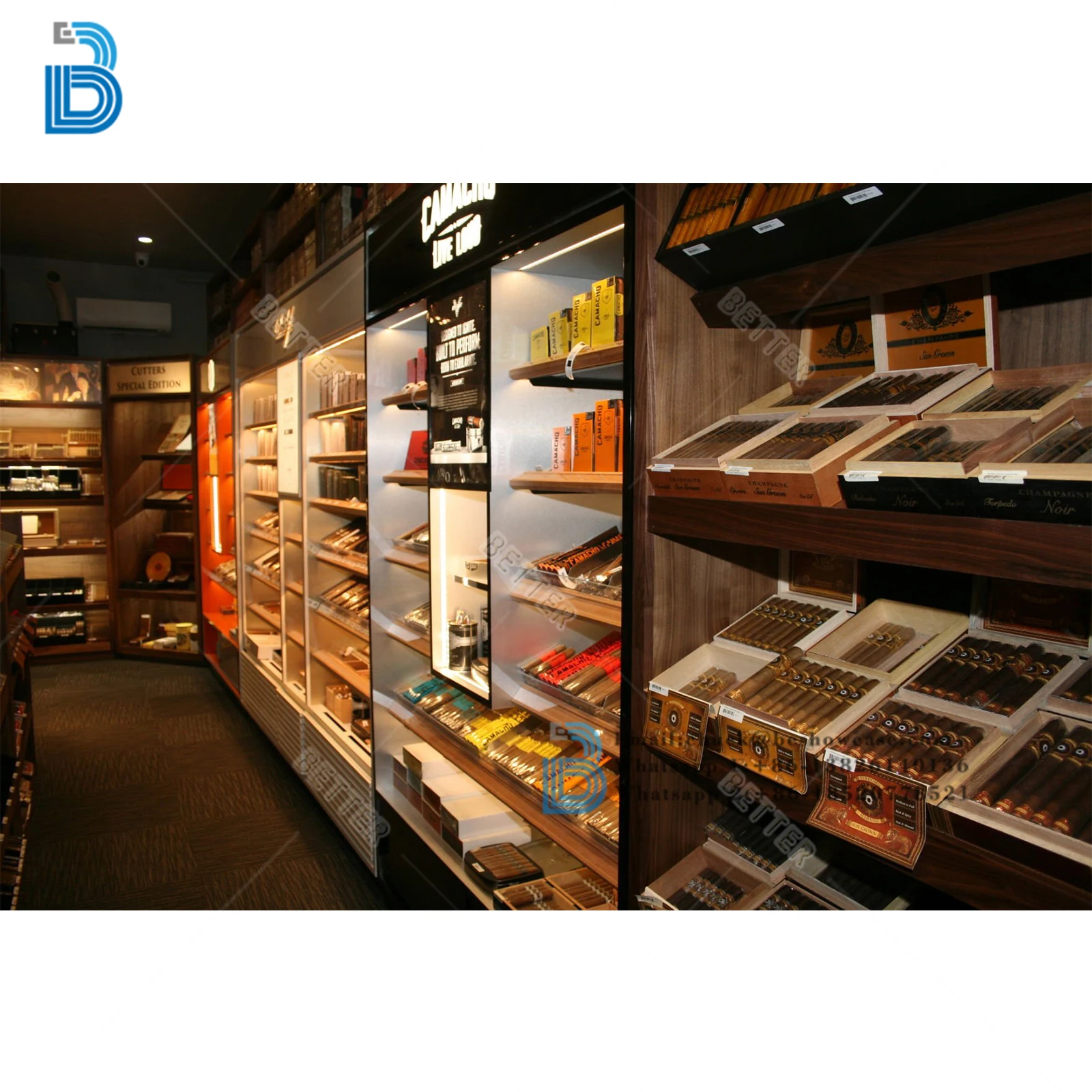 Customized smoke shop interior design fashion display cabinet glass smoke shop display cabinet