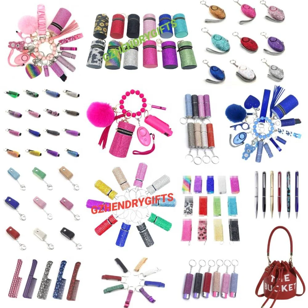 Wholesale Supply Rhinestone Plastic Spray Bottle Tools Women Safety Alarm Keychain Set Accessories Alloy Self Defense keychain