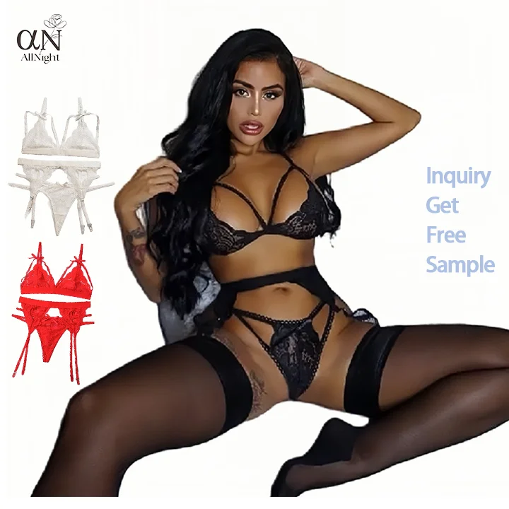 Cheapest Price Erotic Plus Size Transparent Thongs And G String Hollow Out Lace Mesh Bra Panty Garter Belt Lingerie Set Women