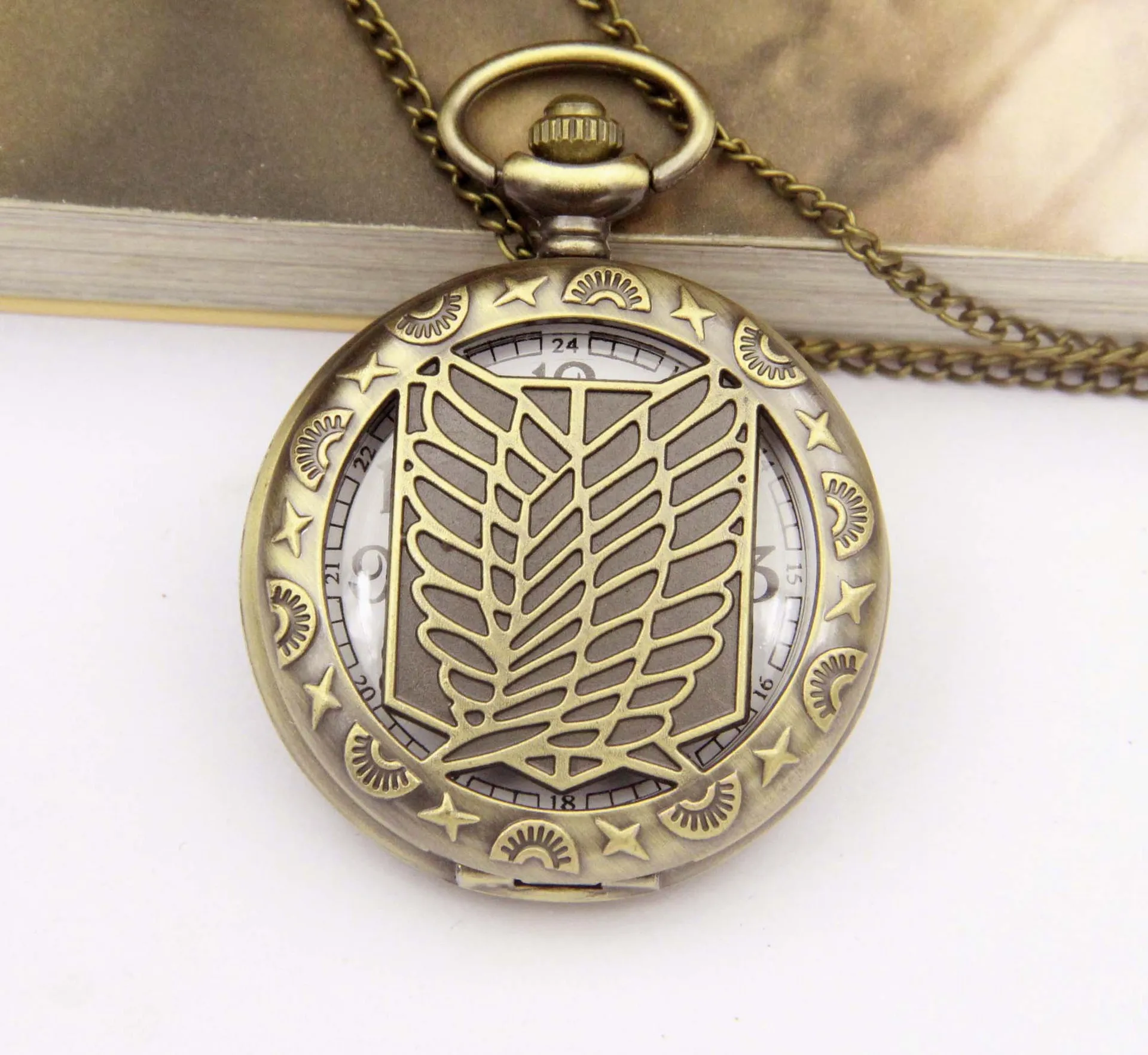 Hot Selling Pocket Watch with Fob Necklace Chain Vintage Anime Hollow Pendant  Watch Gifts Clock With Attack On Titan Wings