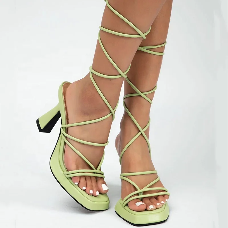 2022 Summer Hot Solid Cross Strap Open Toe Sandals for Lady Lace-up Square Toe High Heel Shoes Pumps