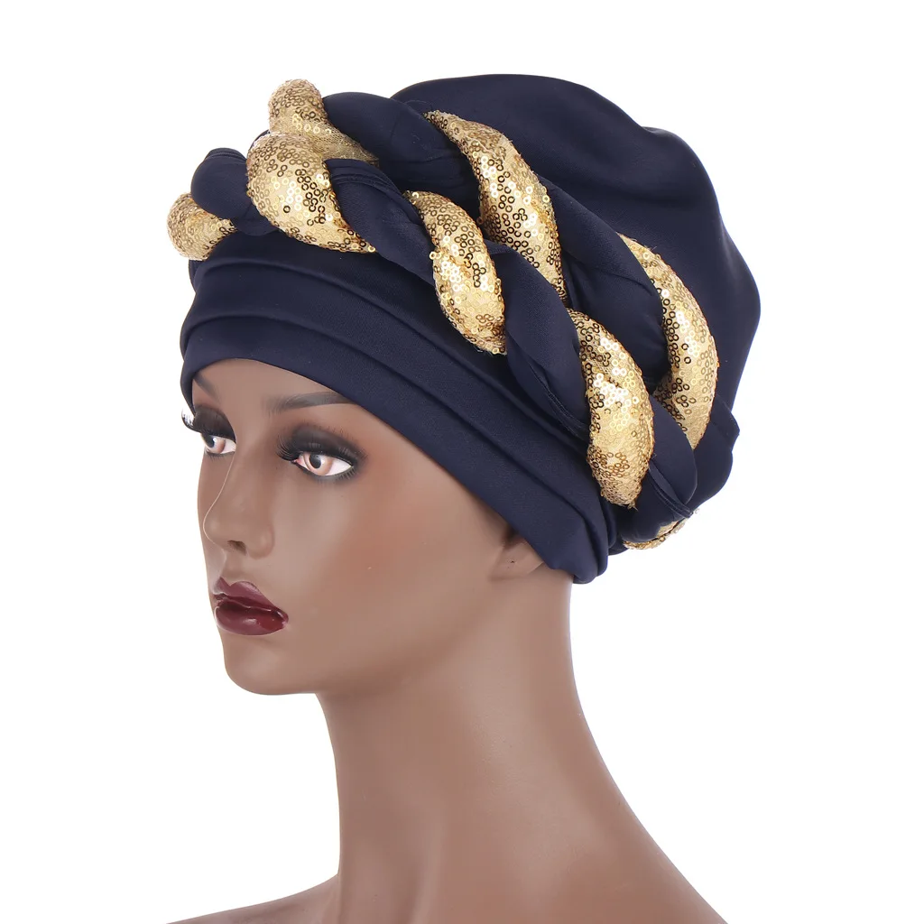 2021 new Muslim space layer two-color sequined twist headscarf hat fashion exaggerated prom headscarf hat
