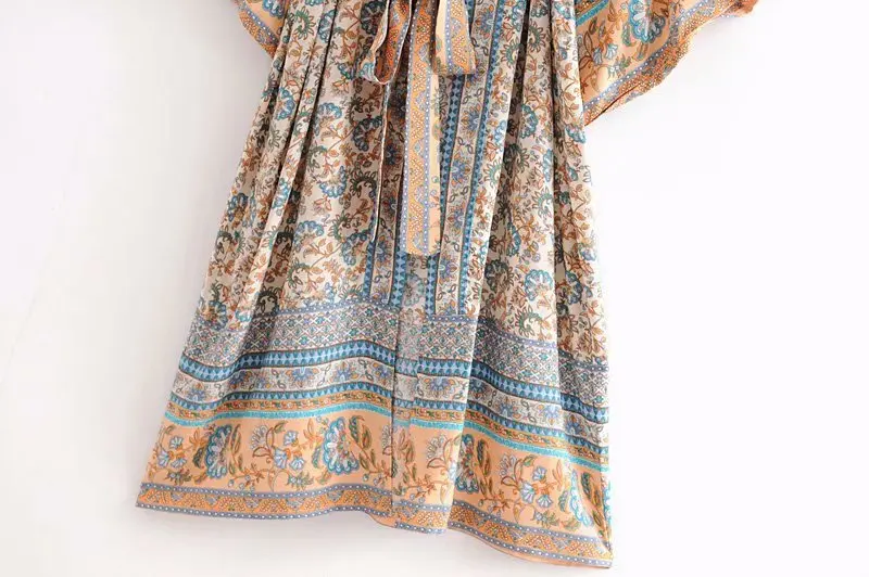 Loose Women Casual Spring Dress Lady Bohemian Style Floral print Long Sleeves Lace up Open Stitch Kimono