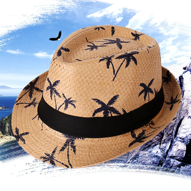 Beach Coconut Palm Printed Fedora Straw Hat for Men Boys Sun Protection Printing Summer Jazz Hat