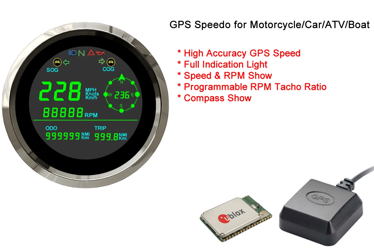 MPH and KPM GPS Speedometer with Stainless Steel Bezel Total Mileage Adjustable