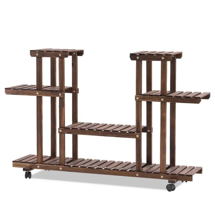 Wood Plant Stand With Wheels, Plant Display Shelf Flower Rack Holder For Indoor Outdoor Garden Balcony Living Room And Office