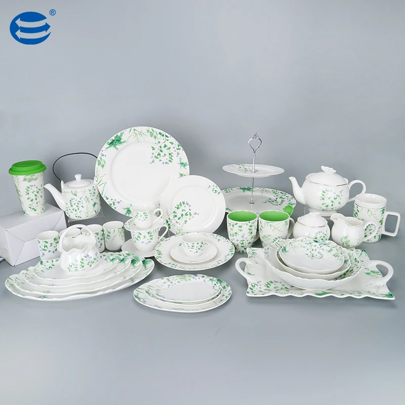 Wholesale green leaves flowers porcelain tableware bone china dinner set exquisite elegant dinnerware set