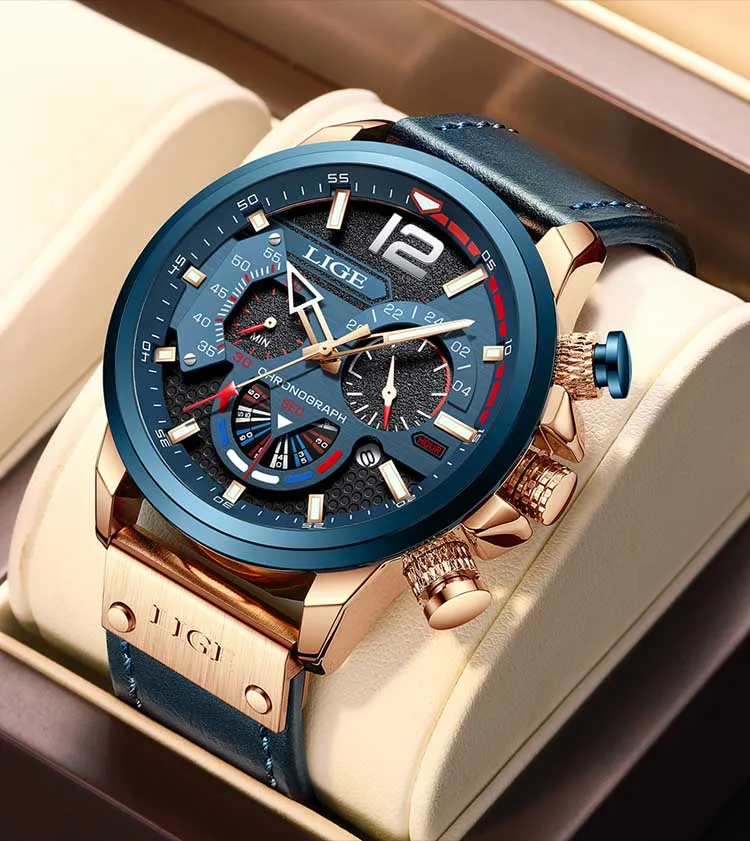 LIGE LG8959 new arrival blue male quartz watch low cost PU leather band 3 dials chronometer old sports hand watch