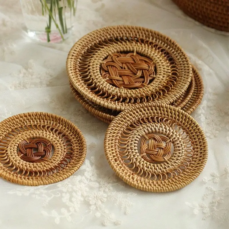 Round hand woven rattan coasters table mats, beverage coasters, bowls and plates kitchen utensils mat tea ceremony rattan pieces