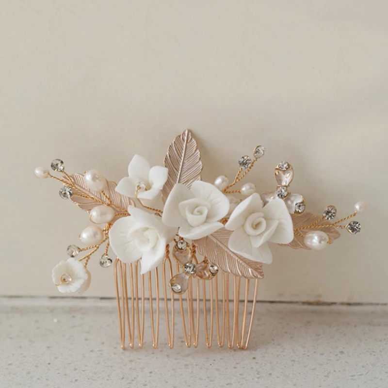 Керамическая металлическая расческа для волос с цветами, аксессуары для волос из пресноводного жемчуга, свадебная расческа для волос ручной работы