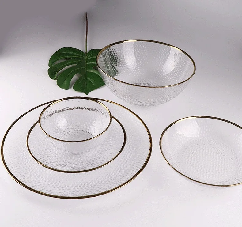 Modern simple clear glassware round shape gilded crystal glass dinner serving plate daily used kitchenware in home