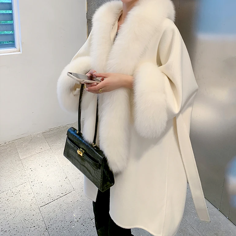 New Trends Slim Fit Long Cashmere Coat wholesale Custom Winter Women Fashion Wool Cardigan with fur