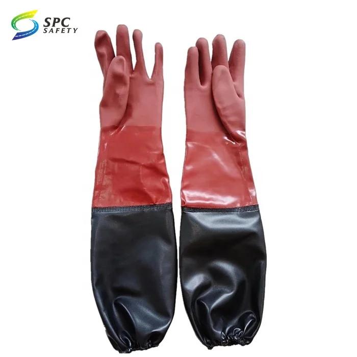 Hot Selling 40cm elbow length smooth surface Brown Waterproof acid alkali oil resistant chemical flocklined pvc rubber gloves
